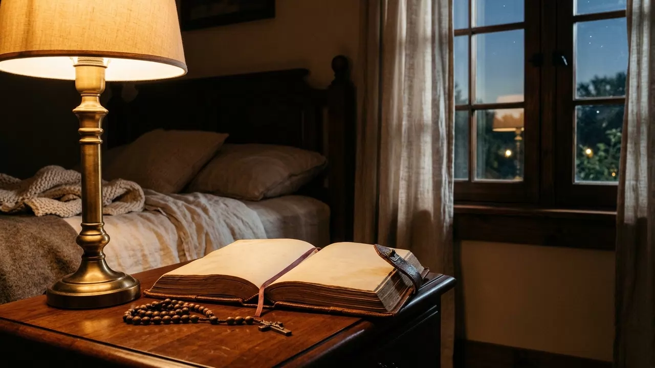 Open vintage prayer book on a wooden nightstand beside a warm amber lamp and soft evening window light