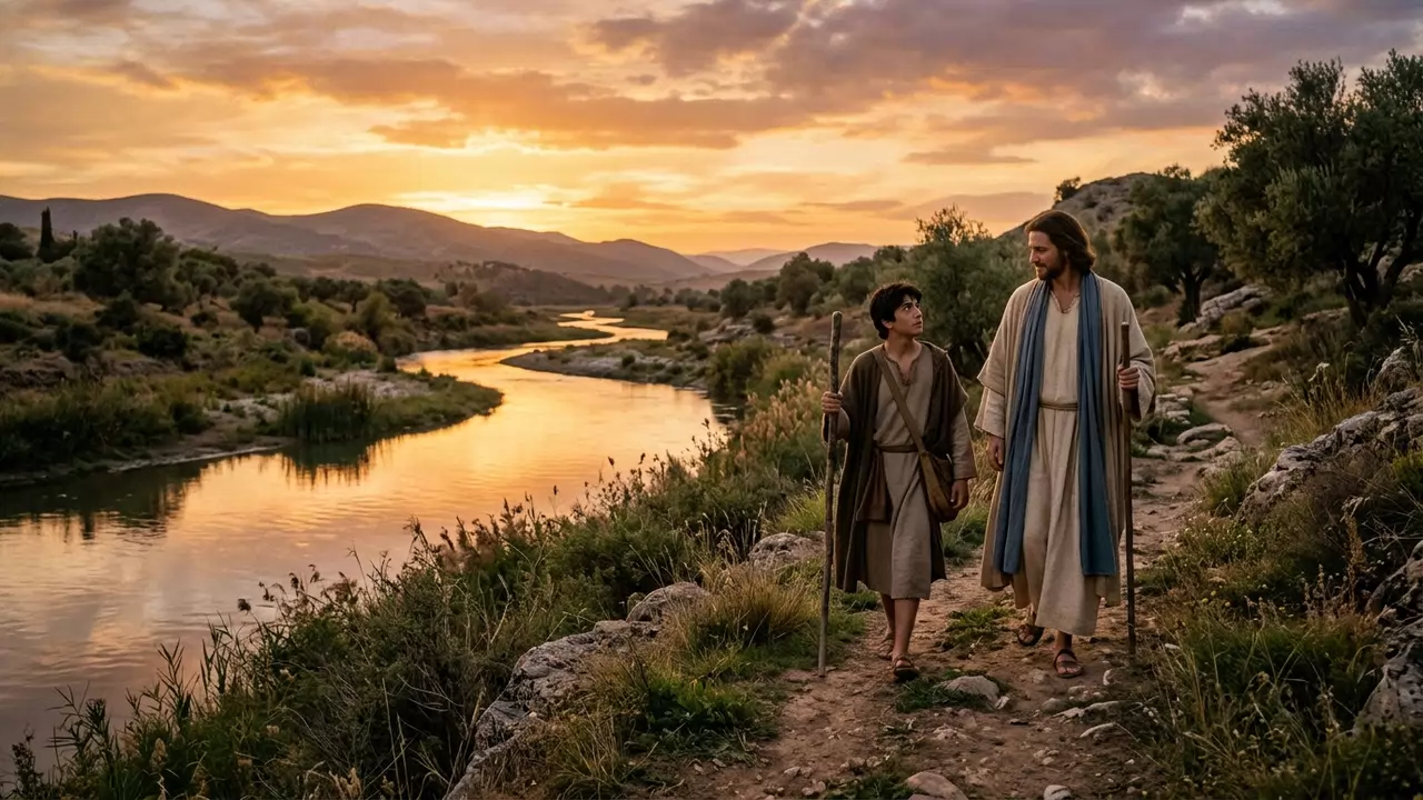 Two travelers walking peacefully beside a quiet river at sunset in warm golden light, representing Tobias and Raphael