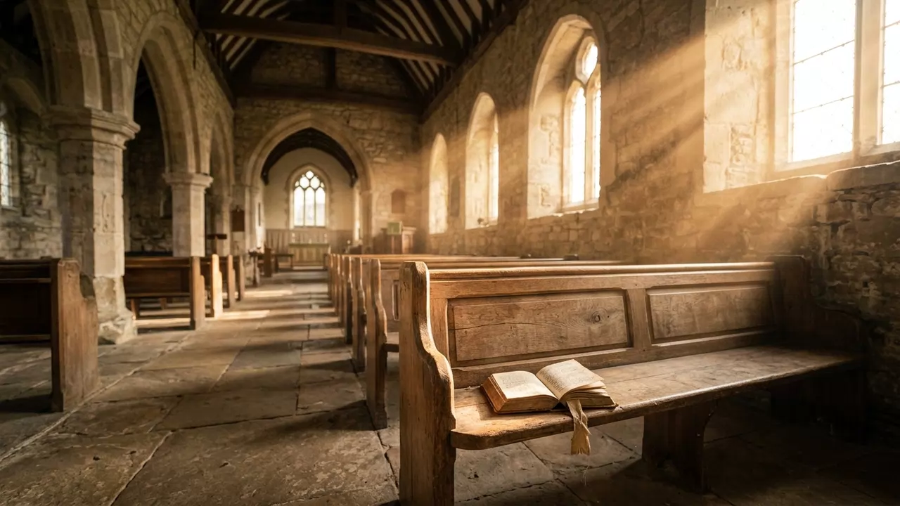 Warm golden sunlight streaming through high church windows onto a quiet wooden pew, symbolizing a personal guardian angel