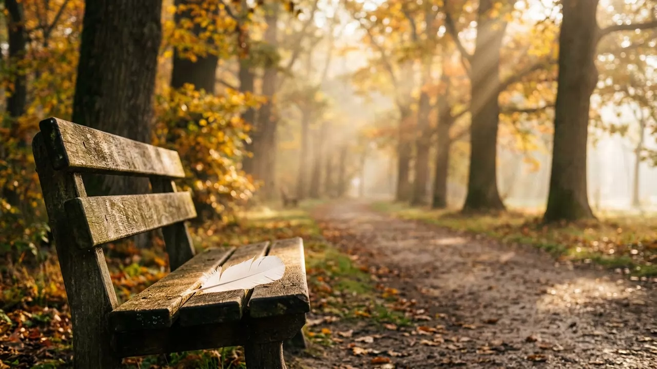 Single pure white feather resting on a wooden park bench bathed in warm golden morning sunbeams